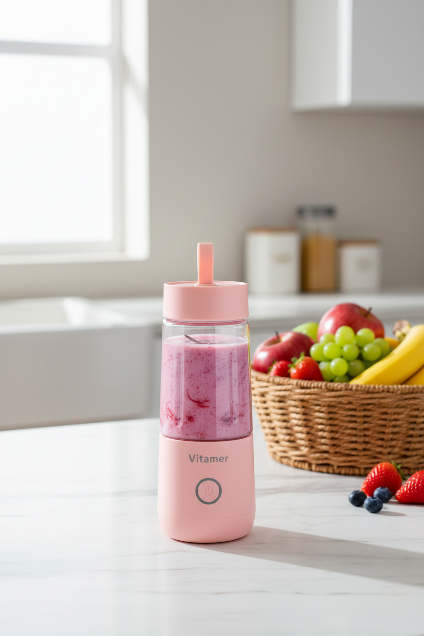 Blender rose smoothie corbeille de fruits