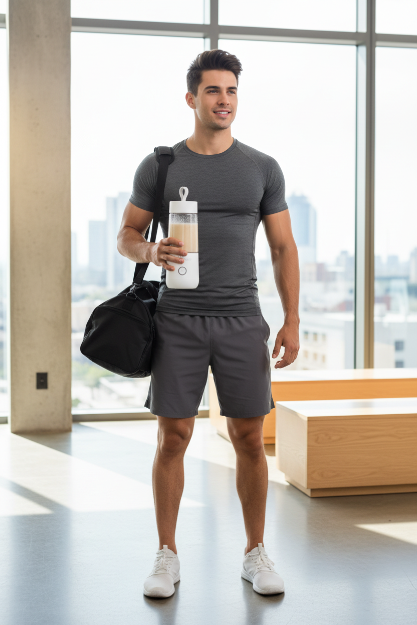 Homme avec blender blanc et shake protéiné avant la salle