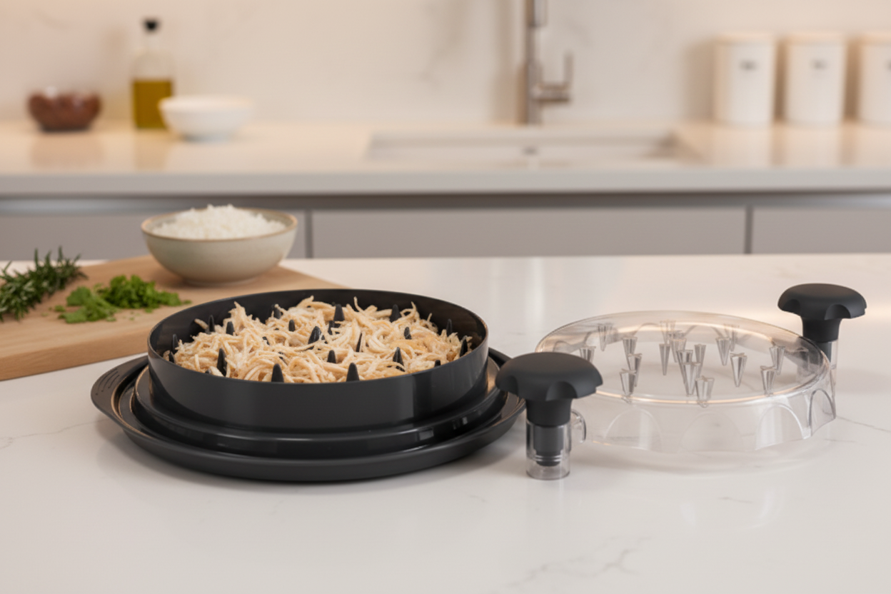 Chicken Shredder ShredX avec poulet effiloché sur plan de travail - meal prep rapide
